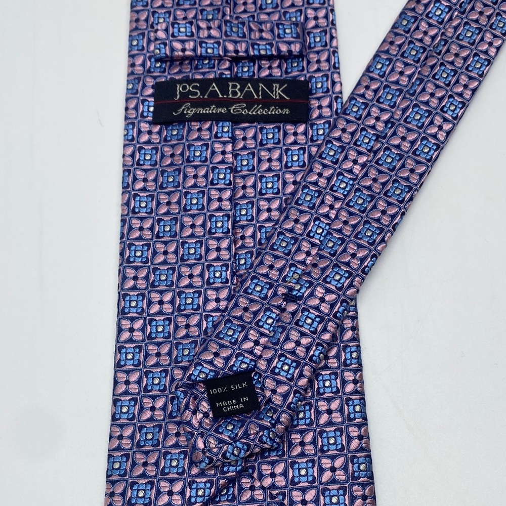 Jos. A. Bank Silk Tie - Pink and Blue Geometric # 0005